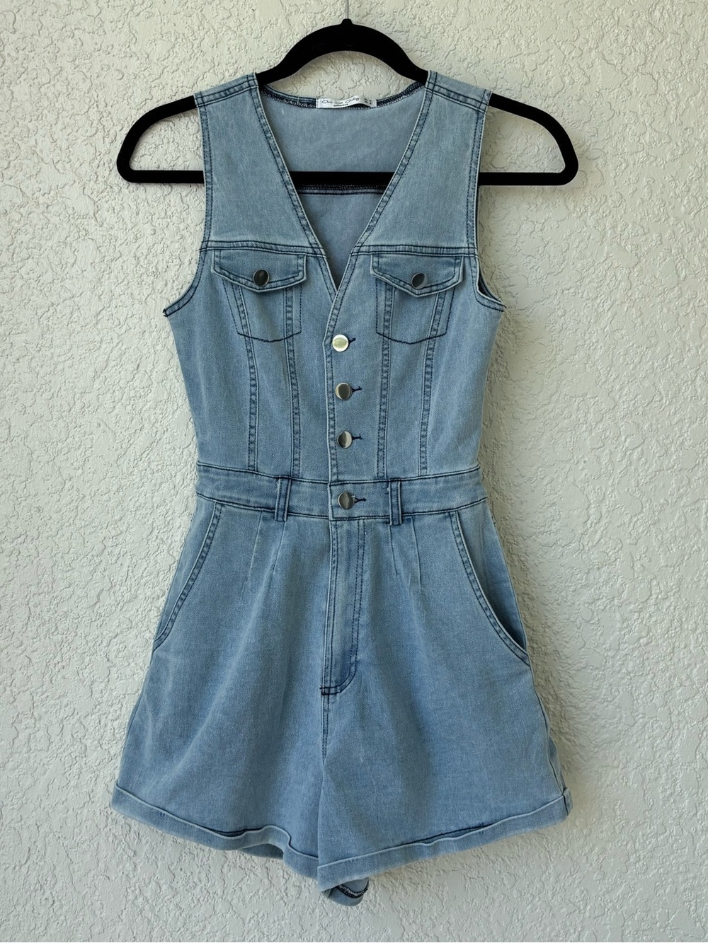 Sleeveless Light Blue Denim Romper with Front Buttons